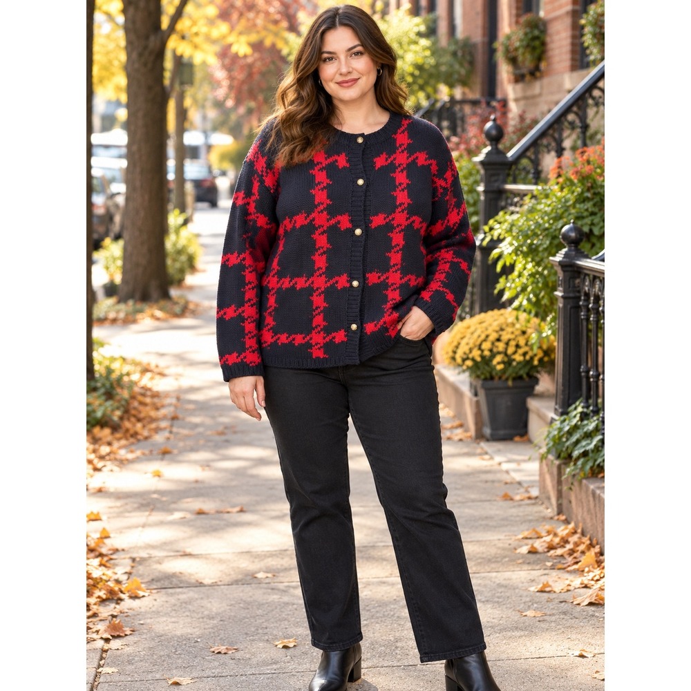 Talbots Hand Knit Cardigan Red Black Houndstooth Cotton Gold Button Sweater L